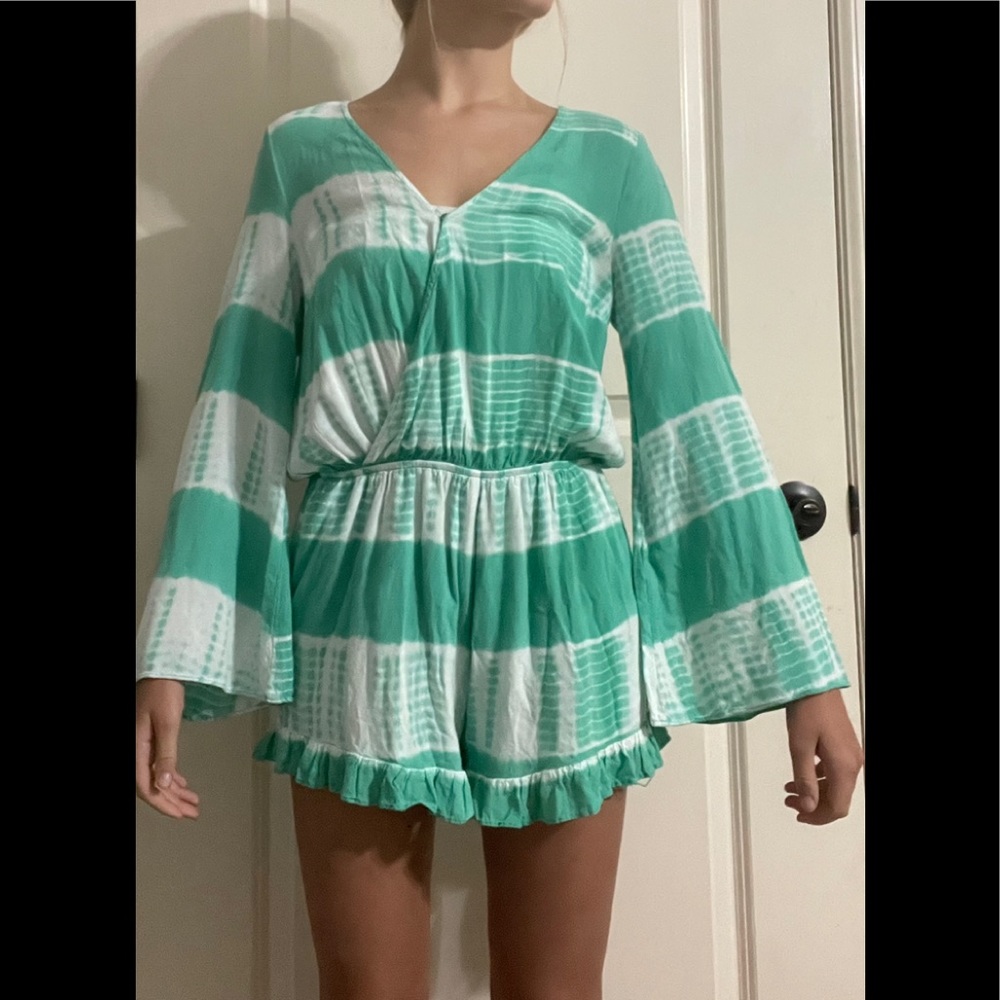 Teal and white tye dye striped criss cross romper